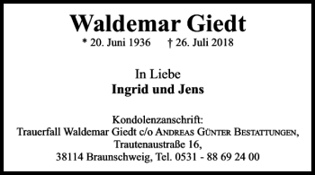 Traueranzeige von Waldemar Giedt von Braunschweiger Zeitung
