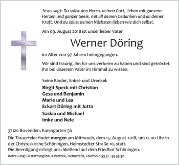 Traueranzeige von Werner Döring von Helmstedter Nachrichten