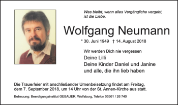 Traueranzeige von Wolfgang Neumann von Wolfsburger Nachrichten