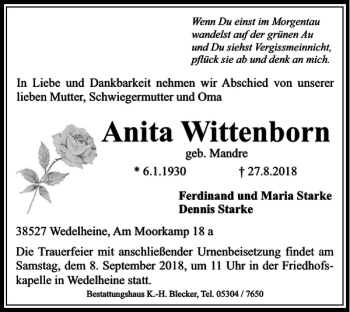 Traueranzeige von Anita Wittenborn von Wolfsburger Nachrichten