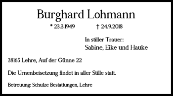 Traueranzeige von Burghard Lohmann von Helmstedter Nachrichten