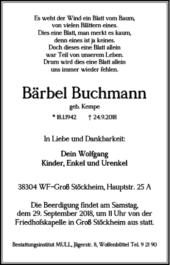 Traueranzeige von Bärbel Buchmann von Wolfenbütteler Zeitung