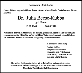 Traueranzeige von Dr. Julia Beese-Kubba von Braunschweiger Zeitung