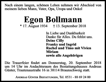 Traueranzeige von Egon Bollmann von Braunschweiger Zeitung