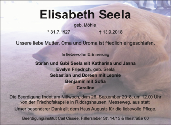Traueranzeige von Elisabeth Seela von Braunschweiger Zeitung