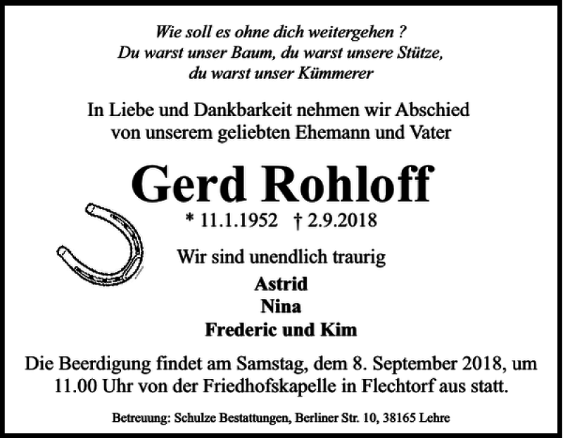 Traueranzeigen von Gerd Rohloff trauer38.de