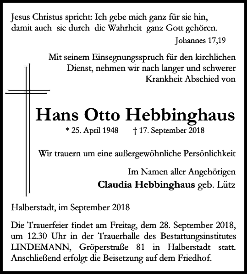  Traueranzeige für Hans Otto Hebbinghaus vom 22.09.2018 aus Wolfsburger Nachrichten