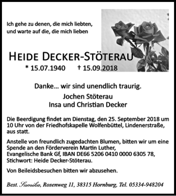 Traueranzeige von Heide Decker-Stöterau von Wolfenbütteler Zeitung