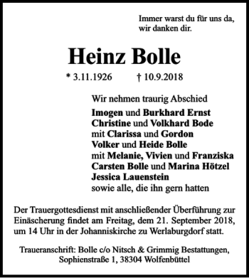 Traueranzeige von Heinz Bolle von Wolfenbütteler Zeitung