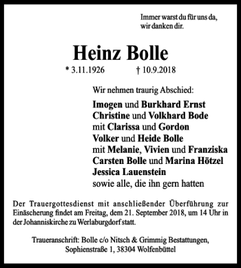 Traueranzeige von Heinz Bolle von Braunschweiger Zeitung