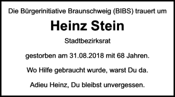 Traueranzeige von Heinz Stein von Braunschweiger Zeitung