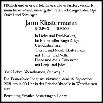 Traueranzeige von Jann Klostermann von Braunschweiger Zeitung
