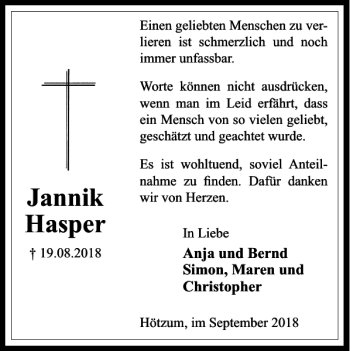 Traueranzeige von Jannik Hasper von Braunschweiger Zeitung