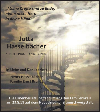 Traueranzeige von Jutta Hasselbächer von Braunschweiger Zeitung