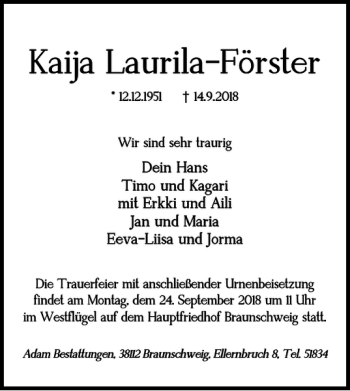 Traueranzeige von Kaija Laurila-Fõrster von Braunschweiger Zeitung