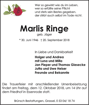 Traueranzeige von Marlis Ringe von Helmstedter Nachrichten