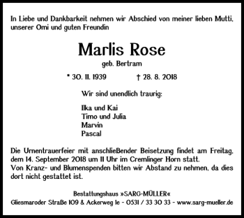 Traueranzeige von Marlis Rose von Braunschweiger Zeitung