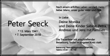 Traueranzeige von Peter Seeck von Wolfsburger Nachrichten