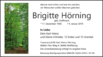 Traueranzeige von Brigitte Hörning von Wolfsburger Nachrichten