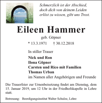 Traueranzeige von Eileen Hammer von Helmstedter Nachrichten