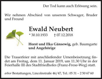 Traueranzeige von Ewald Neubert von Braunschweiger Zeitung