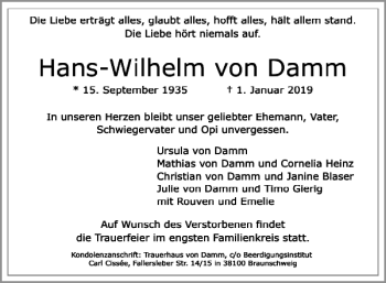 Traueranzeige von Hans-Wilhelm von Damm von Braunschweiger Zeitung
