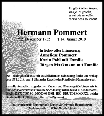 Traueranzeige von Hermann Pommert von Wolfenbütteler Zeitung