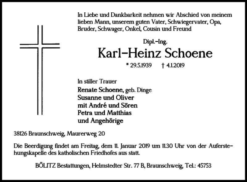  Traueranzeige für Karl-Heinz Schoene vom 08.01.2019 aus Braunschweiger Zeitung