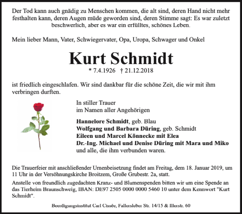  Traueranzeige für Kurt Schmidt vom 09.01.2019 aus Braunschweiger Zeitung