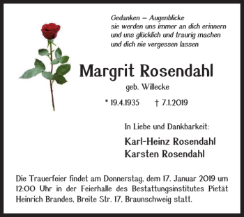 Traueranzeige von Margrit Rosendahl von Braunschweiger Zeitung