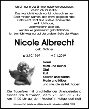 Traueranzeige von Nicole Albrecht von Wolfsburger Nachrichten