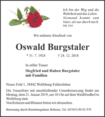 Traueranzeige von Oswald Burgstaler von Wolfsburger Nachrichten