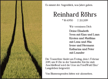 Traueranzeige von Reinhard Röhrs von Helmstedter Nachrichten