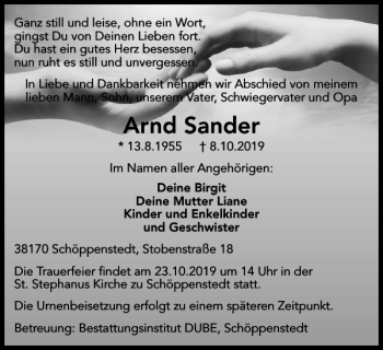 Traueranzeige von Arnd Sander von Wolfenbütteler Zeitung