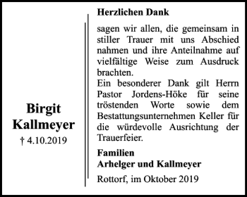 Traueranzeige von Birgit Kallmeyer von Helmstedter Nachrichten