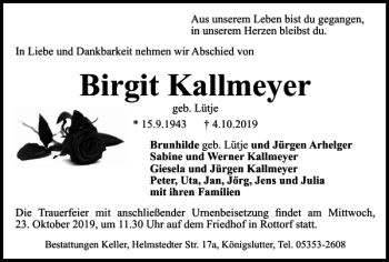 Traueranzeige von Birgit Kallmeyer von Helmstedter Nachrichten
