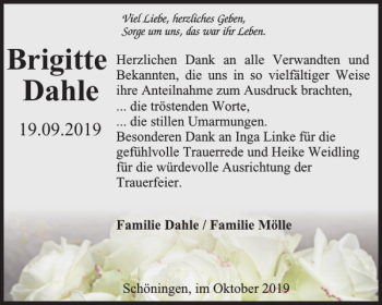 Traueranzeige von Brigitte Dahle von Helmstedter Nachrichten