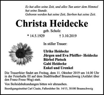Traueranzeige von Christa Heidecke von Braunschweiger Zeitung