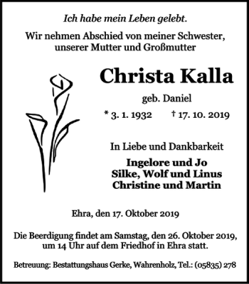 Traueranzeige von Christa Kalla von Wolfsburger Nachrichten