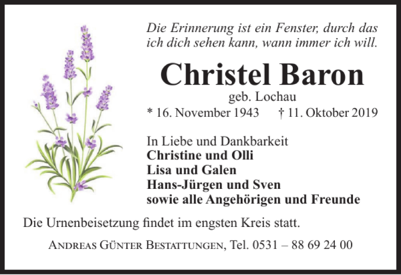  Traueranzeige für Christel Baron vom 19.10.2019 aus Braunschweiger Zeitung