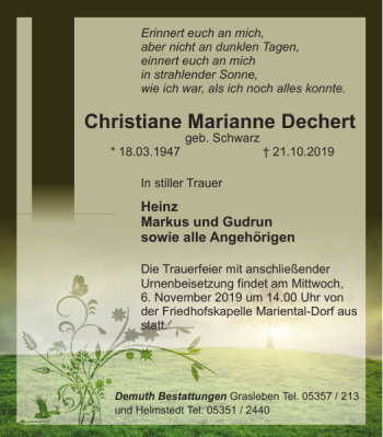 Traueranzeige von Christiane Marianne Dechert von Helmstedter Nachrichten