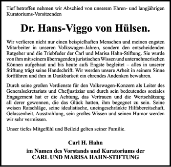 Traueranzeige von Dr. Hans-Viggo von Hülsen von Wolfsburger Nachrichten
