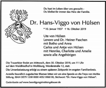 Traueranzeige von Dr. Hans-Viggo von Hülsen von Wolfsburger Nachrichten