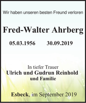 Traueranzeige von Fred-Walter Ahrberg von Helmstedter Nachrichten