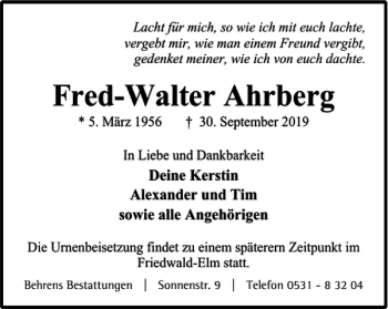 Traueranzeige von Fred-Walter Ahrberg von Helmstedter Nachrichten