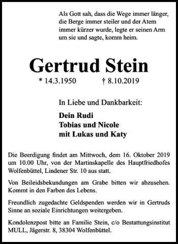 Traueranzeige von Gertrud Stein von Wolfenbütteler Zeitung