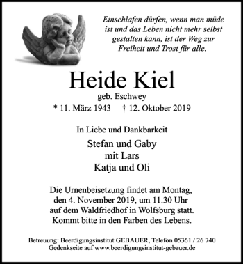 Traueranzeige von Heide Kiel von Wolfsburger Nachrichten