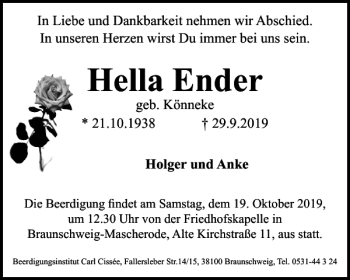 Traueranzeige von Hella Ender von Braunschweiger Zeitung