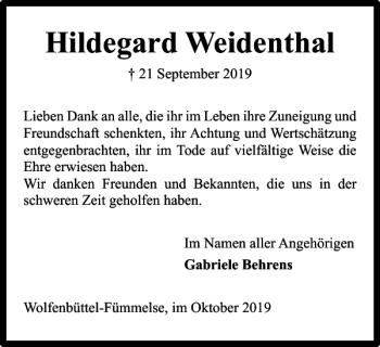Traueranzeige von Hildegard Weidenthal von Wolfenbütteler Zeitung