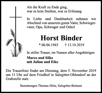 Traueranzeige von Horst Binder von Salzgitter Zeitung